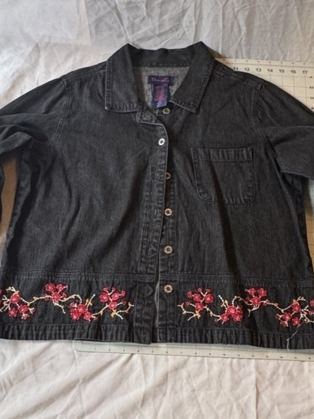 Denim & Co Black Floral Embroidered Shirt Jacket Size L